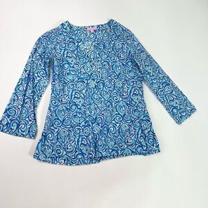 Lilly Pulitzer Amelia Island Tunic Top Womens Blue Small Abstract Split V-neck